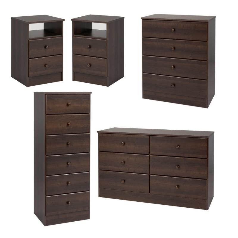 Home Square 5-Piece Set with Lingerie Chest Double Dresser Chest & 2 Nightstands