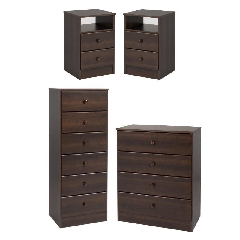 Home Square 4-Piece Set with 2 Nighstands 6-Drawer Lingerie Chest and Chest