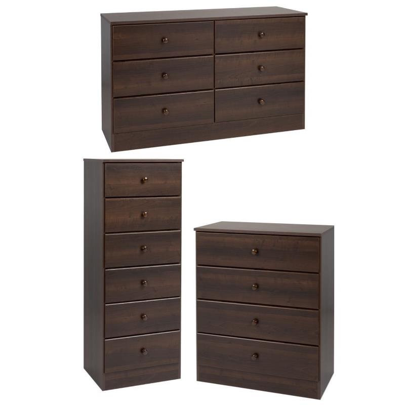 Home Square 3-Piece Set with Lingerie Chest Double Dresser & Chest in Espresso