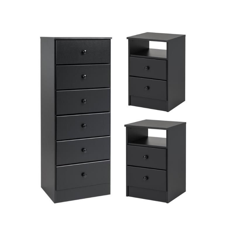 Home Square 3-Piece Set with 2 Nightstands & 6-Drawer Lingerie Chest in Black