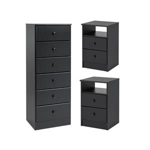 Home Square 3-Piece Set with 2 Nightstands & 6-Drawer Lingerie Chest in Black