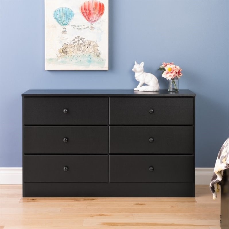 Home Square 3-Piece Set with 2 Nightstands & 6-Drawer Double Dresser in Black