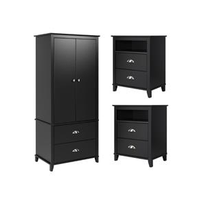 home square 3-piece set with 2 2-drawer nightstands & wardrobe armoire in black