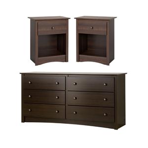 home square 3-piece set with 2 tall nightstands and 6 drawer dresser in espresso