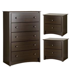 home square 3-piece set with 2 night tables and 5 drawer chest in espresso