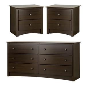 home square 3-piece set with 2 night tables and 6 drawer dresser in espresso