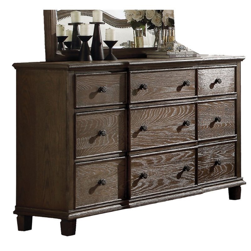Home Square 2-Piece Set with Mirror and 9-Drawer Dresser in Weathered Oak