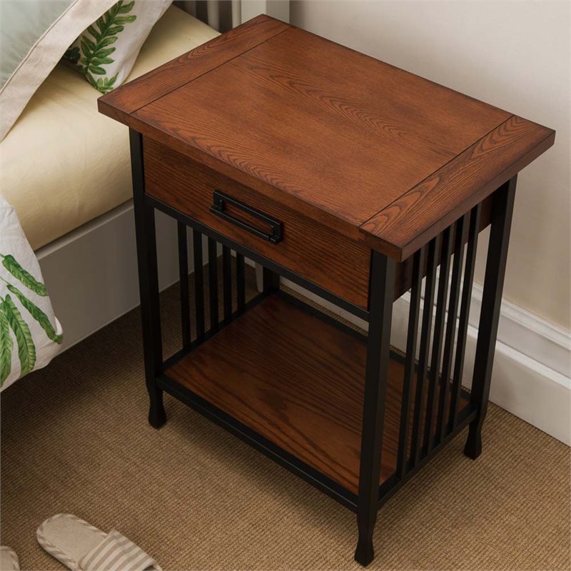Home Square 2-Piece Solid Wood 1-Drawer Nightstand Set in Mission Oak