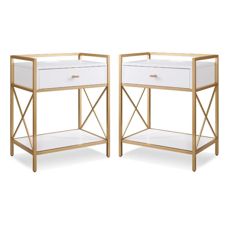 Home Square 2-Piece Nightstand with Top AC/USB Charging Set in White Painted
