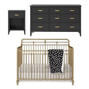 home square 3-piece set with crib nightstand and 6-drawer dresser in gold/black