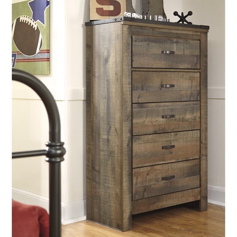 Home Square 3-Piece Set with 5 Drawer Wood Chest and 2 Nightstands in Brown