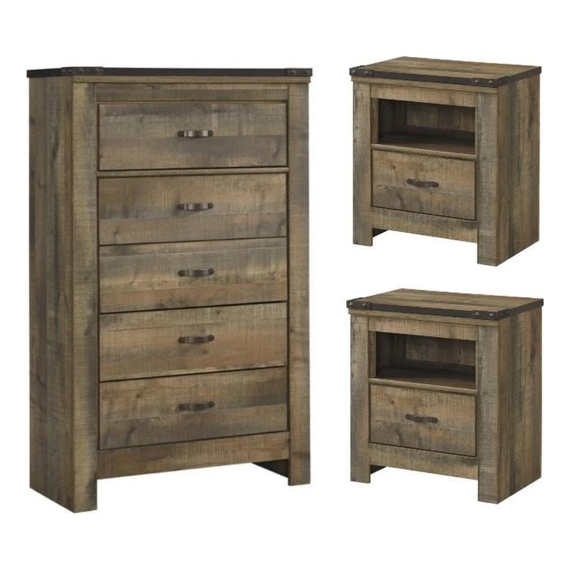 Home Square 3-Piece Set with 5 Drawer Wood Chest and 2 Nightstands in Brown