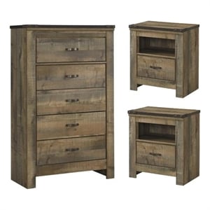 Home Square 3-Piece Set with 5 Drawer Wood Chest and 2 Nightstands in Brown