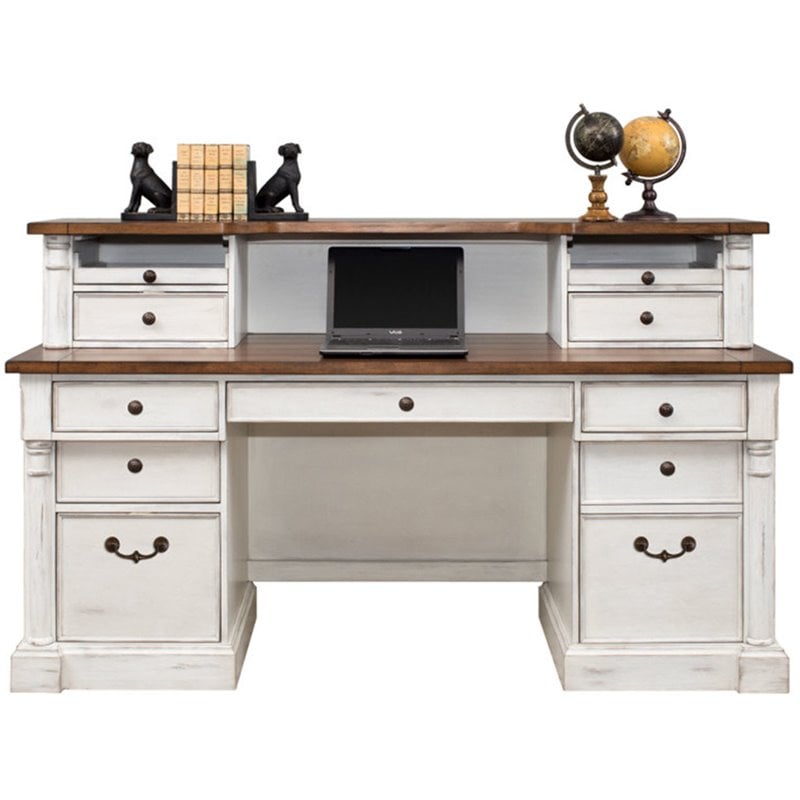 Home Square 2-Piece Set with Computer Desk and Hutch in Weathered White