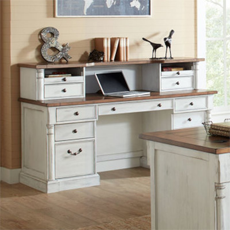 Home Square 2-Piece Set with Computer Desk and Hutch in Weathered White