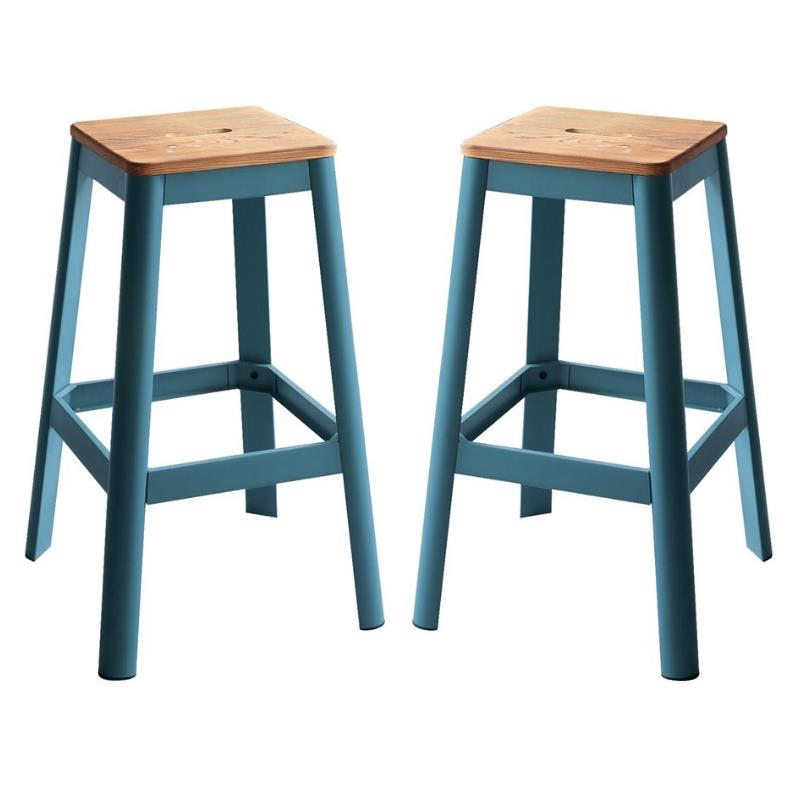 Home Square 2-Piece Furniture Bar Stool Set in Natural and Teal
