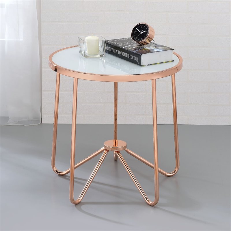 Home Square 2-Piece Furniture End Table Set in Frosted Glass and Rose Gold