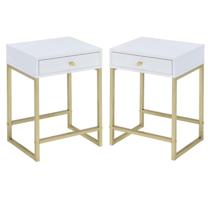 Home Square 2-Piece Furniture End Table Set in White and Brass