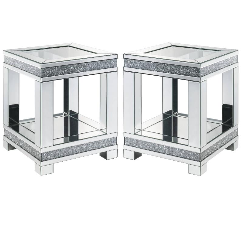 Home Square 2-Piece Furniture End Table Set in Mirrored and Faux Diamonds
