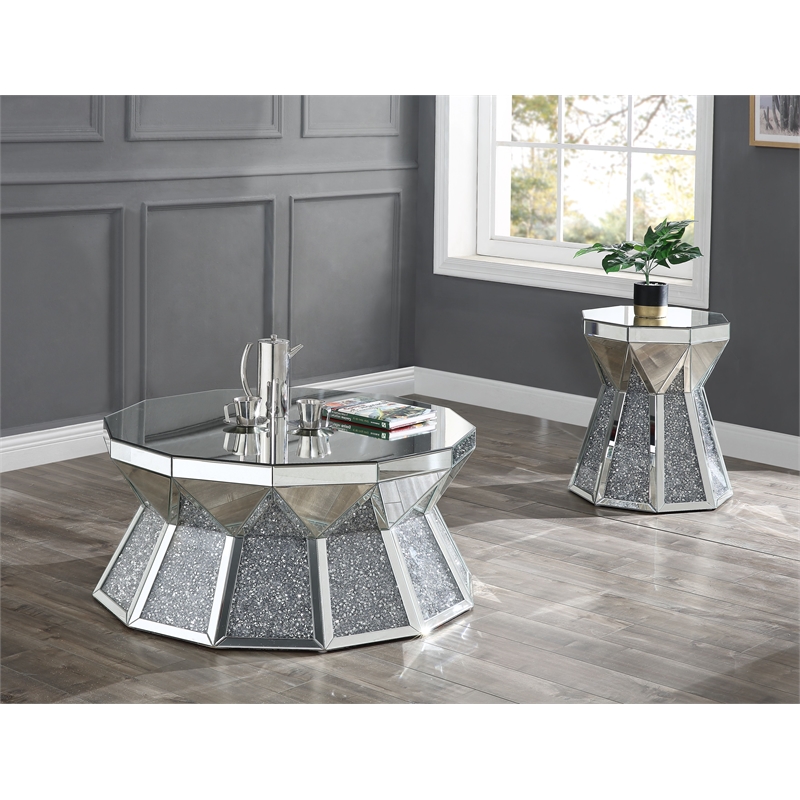 Home Square 2-Piece Furniture End Table Set in Mirrored & Faux Diamonds