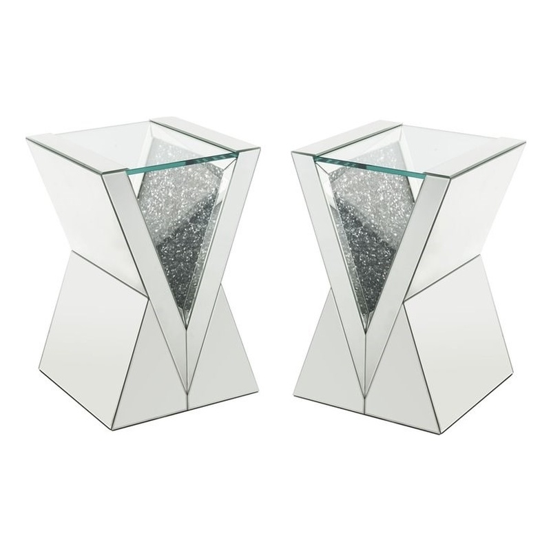 Home Square 2-Piece Furniture End Table Set in Clear Glass Mirrored