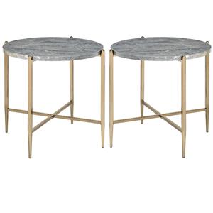 Home Square 2-Piece Furniture End Table Set in Gray Faux Marble and Champagne