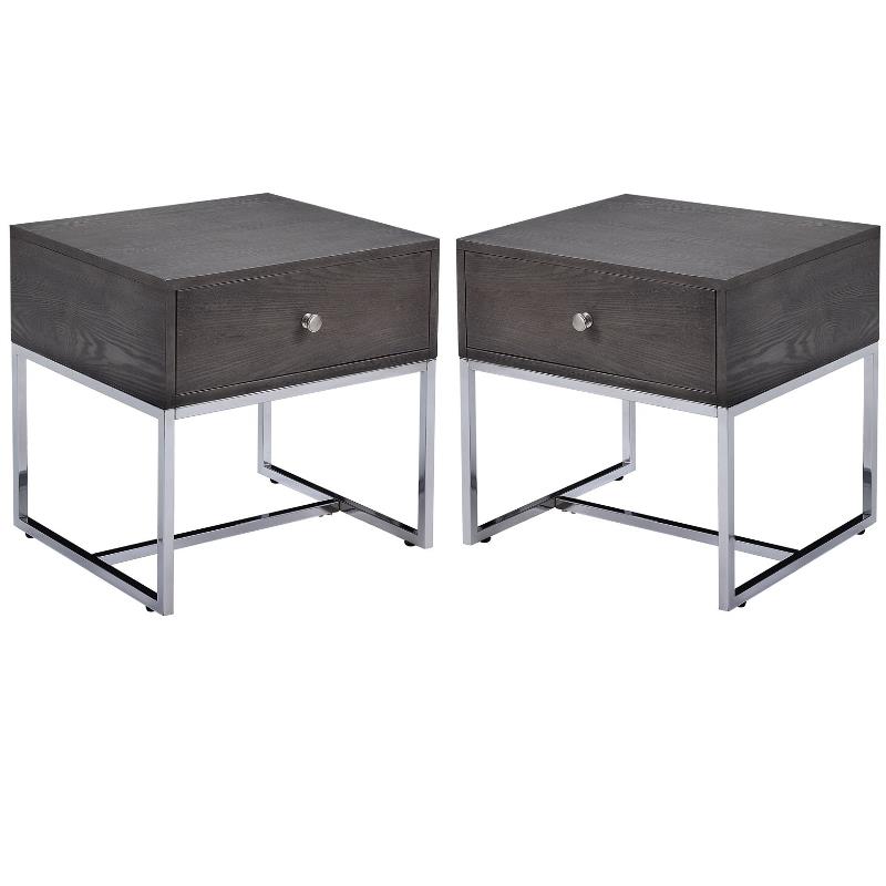Home Square 2-Piece Furniture Round End Table Set in Gray Oak and Chrome