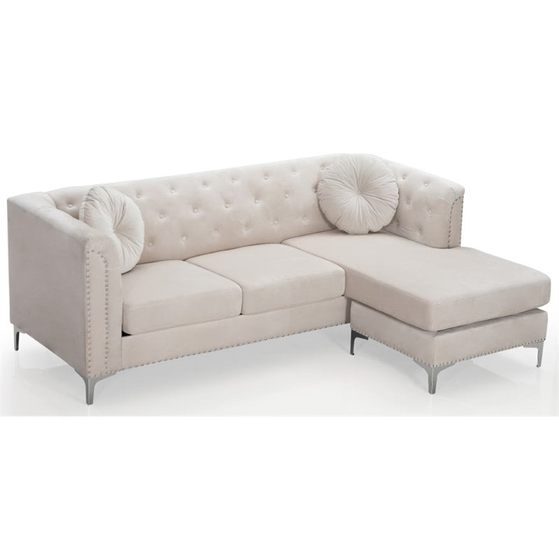 Home Square 2-Piece Set with Velvet Sofa Chaise and Loveseat in Ivory