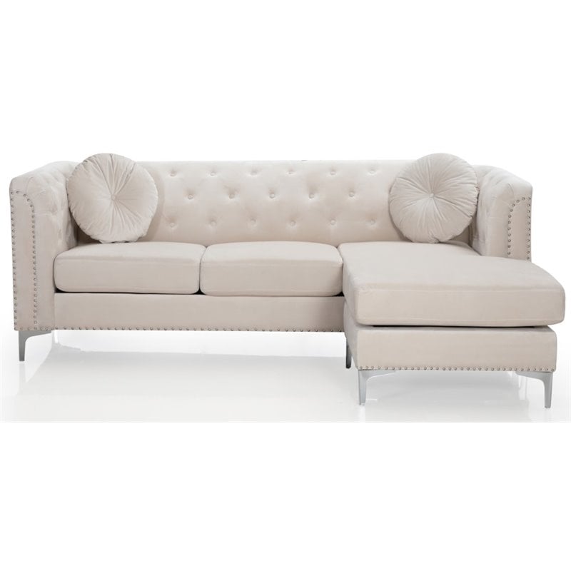 Home Square 2-Piece Set with Velvet Sofa Chaise and Loveseat in Ivory