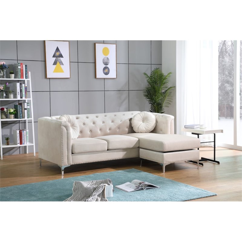Home Square 2-Piece Set with Velvet Sofa Chaise and Loveseat in Ivory