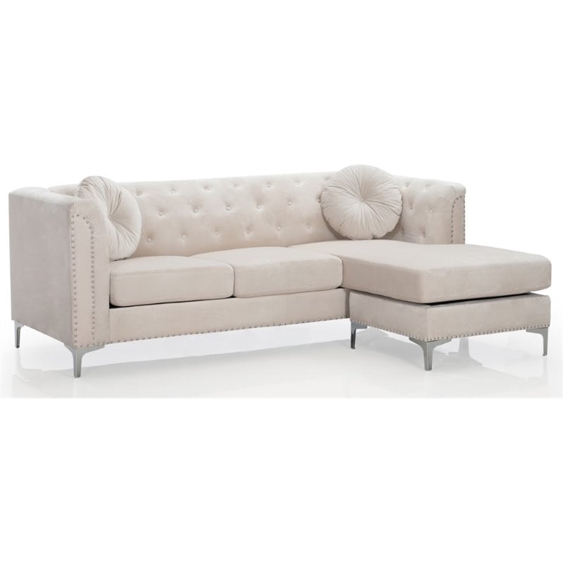 Home Square 2-Piece Set with Velvet Sofa Chaise and Loveseat in Ivory