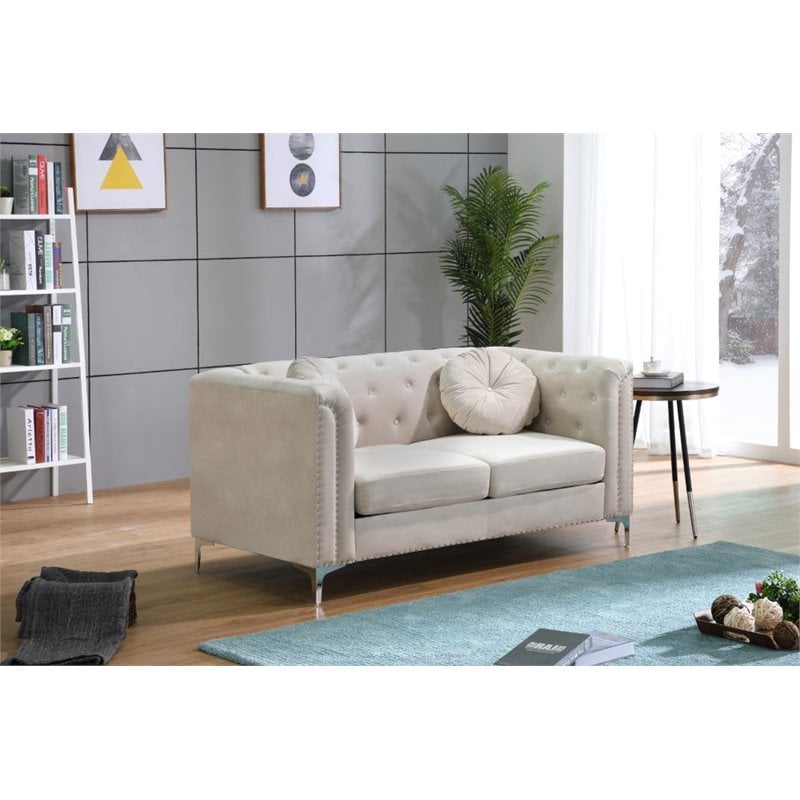 Home Square 2-Piece Set with Velvet Sofa Chaise and Loveseat in Ivory