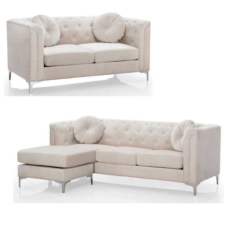 Home Square 2-Piece Set with Velvet Sofa Chaise and Loveseat in Ivory