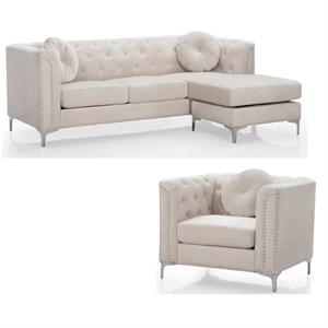 Home Square 2-Piece Set with Velvet Sofa Chaise and Chair in Ivory