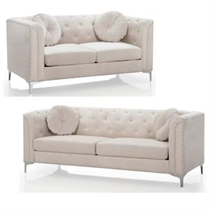 Home Square 2-Piece Set with Velvet Sofa and Loveseat in Ivory