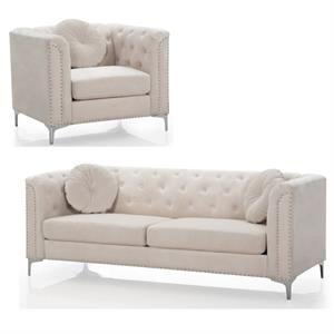 Home Square 2-Piece Furniture Set with Velvet Sofa and Chair in Ivory