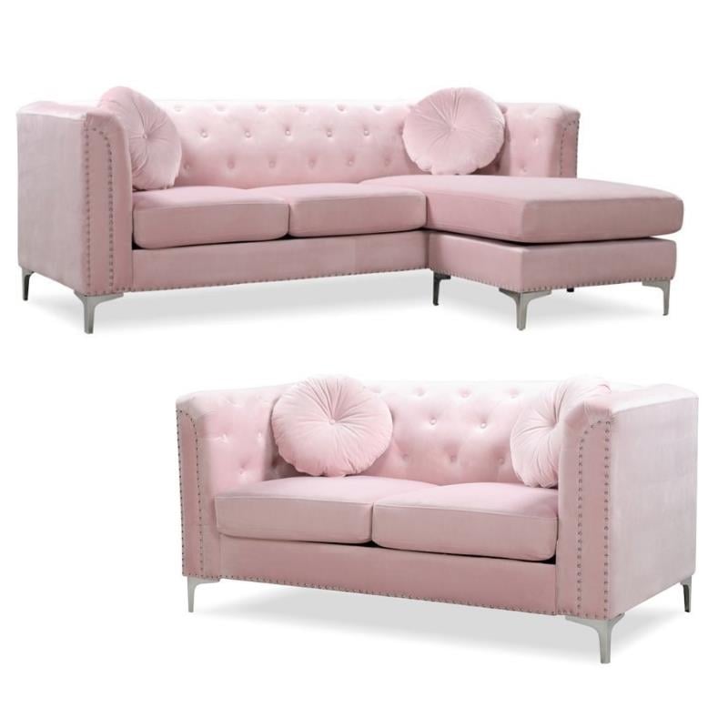 Home Square 2-Piece Set with Velvet Sofa Chaise and Loveseat in Pink