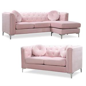 Home Square 2-Piece Set with Velvet Sofa Chaise and Loveseat in Pink