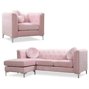 Home Square 2-Piece Set with Velvet Sofa Chaise and Chair in Pink