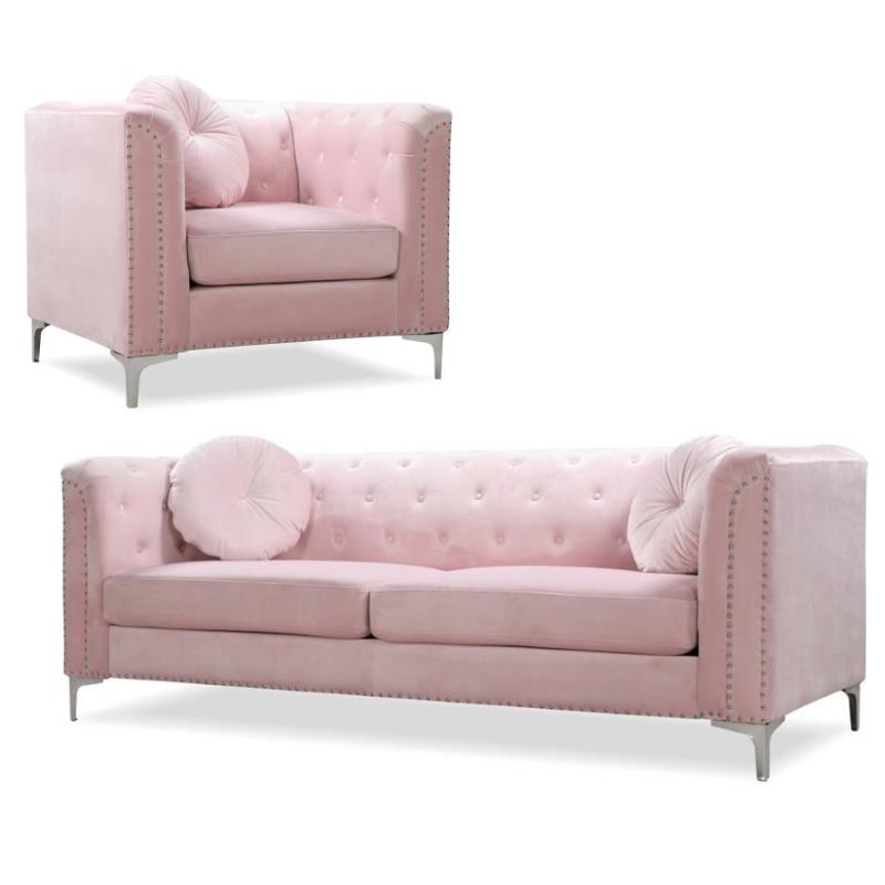 Home Square 2-Piece Furniture Set with Velvet Sofa and Chair in Pink