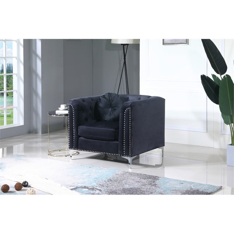 Home Square 2-Piece Set with Velvet Sofa Chaise and Chair in Black