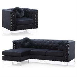 Home Square 2-Piece Set with Velvet Sofa Chaise and Chair in Black