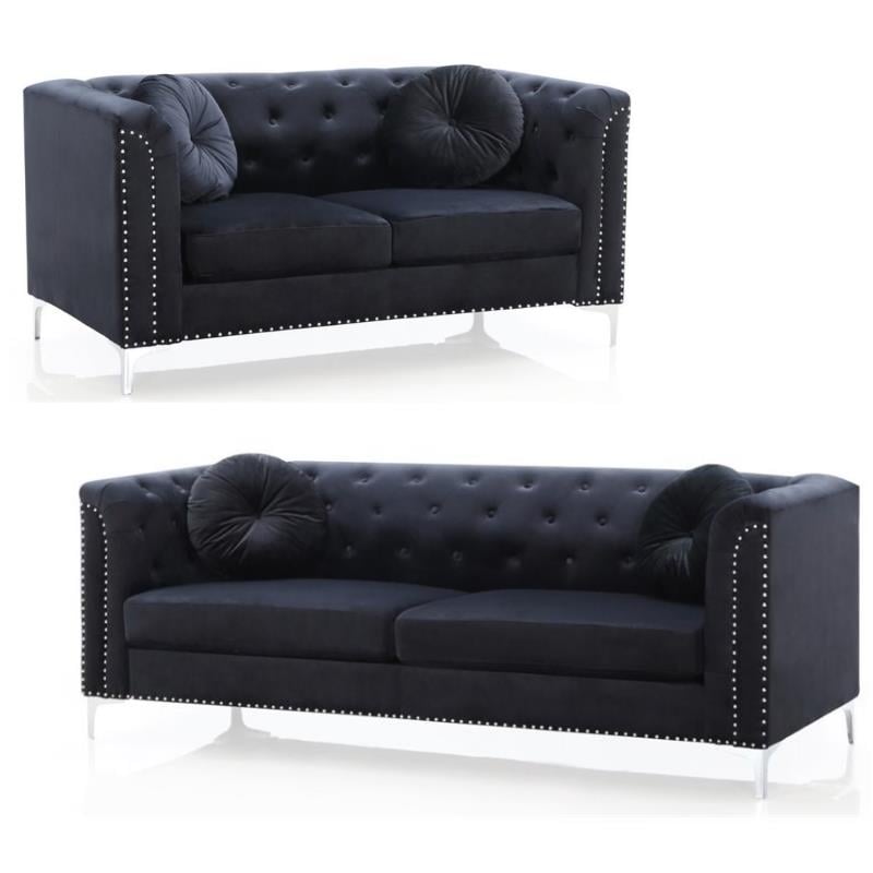 Home Square 2-Piece Set with Velvet Sofa and Loveseat in Black