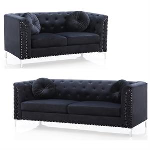 home square 2-piece set with velvet sofa and loveseat in black