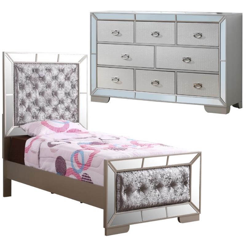 Home Square 2-Piece Set with Twin Panel Bed and 8-Drawer Dresser in Champagne