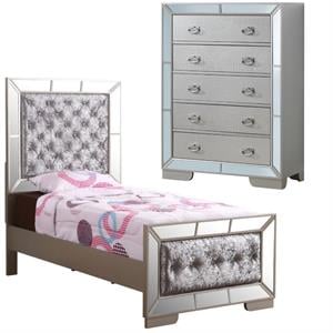 Home Square 2-Piece Set with Twin Panel Bed and 5-Drawer Chest in Champagne