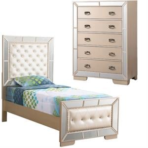 Home Square 2-Piece Set with Twin Panel Bed and 5-Drawer Chest in Pearl