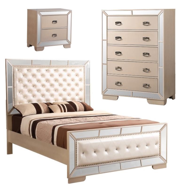 Home Square 3-Piece Set with King Panel Bed Chest and Nightstand in Pearl