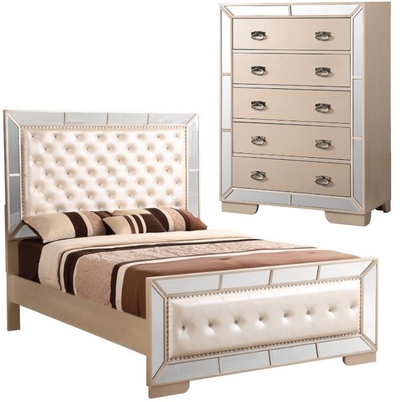 Home Square 2-Piece Set with King Panel Bed and 5-Drawer Chest in Pearl
