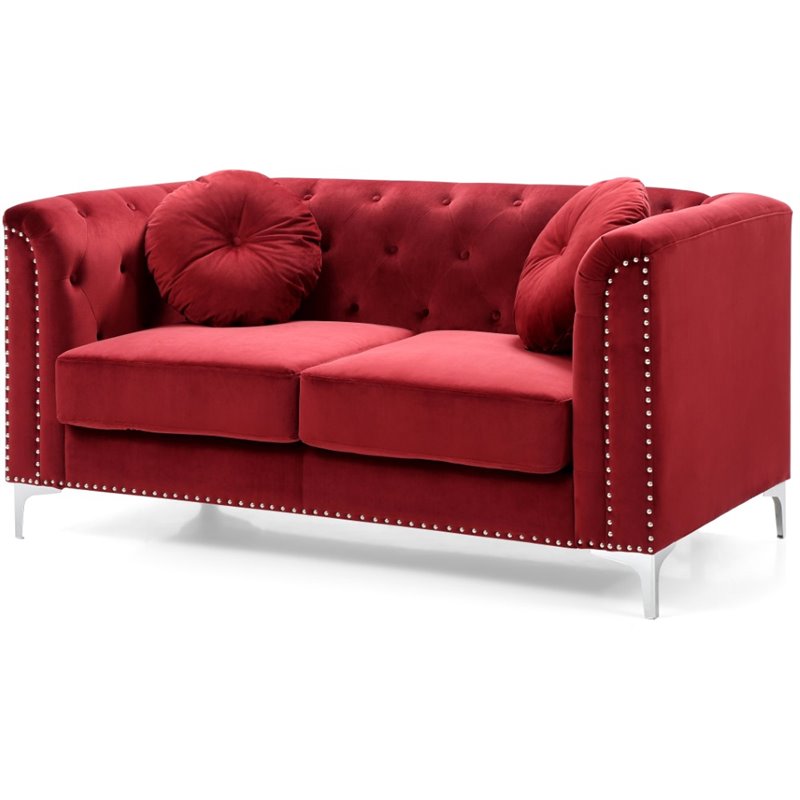 Home Square 2-Piece Set with Velvet Sofa Chaise and Loveseat in Burgundy